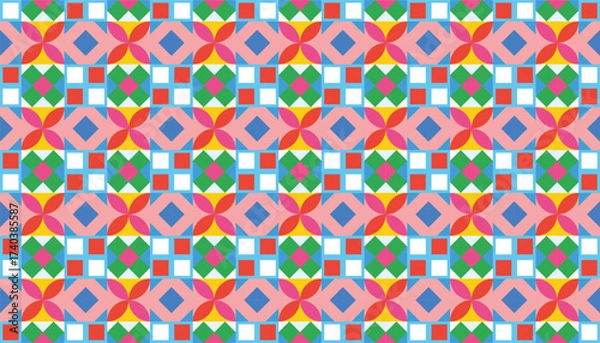 Obraz Seamless colorful geometric pattern with diamond and square shapes. Abstract decorative design in red, green, blue, and pink for textile, wallpaper, and background