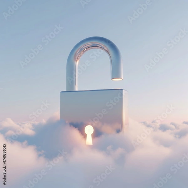 Fototapeta Cloud Security Concept: A stunning visual representing the core concept of cloud security. A shiny, silver padlock, symbolizing security and protection, emerges from a dreamy.