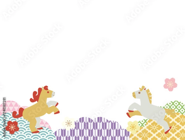 Obraz 和柄の背景と馬を組み合わせた午年に使える年賀状のイラストのカード