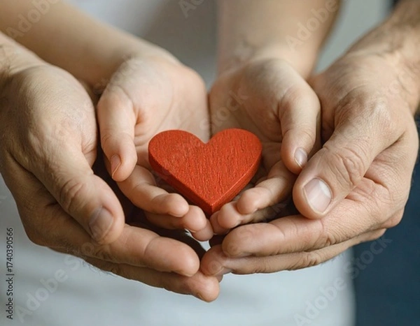 Obraz 赤いハートを両手に包む子供の手と両親の手