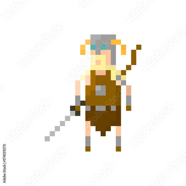 Fototapeta Pixel northern warrior viking with sword and bow. Сharacter for games and applications