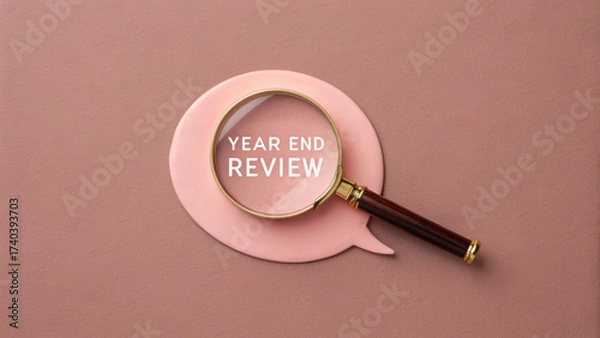 Fototapeta Year end review magnifying glass on speech bubble pink background modern flat lay emotional reflection