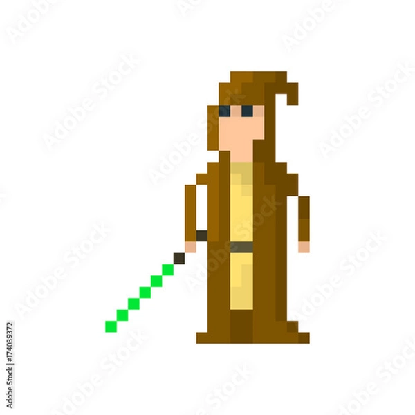 Fototapeta Pixel space warrior in a hood with a lightsaber. Сharacter for games and applications