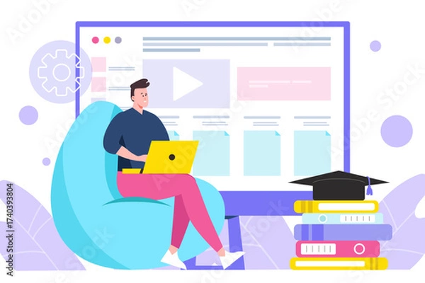 Obraz Online Education Vector Illustration Man Sitting in Beanbag Chair Using Laptop with Computer Stacked Books Graduation Cap and Light Purple Floral Accent