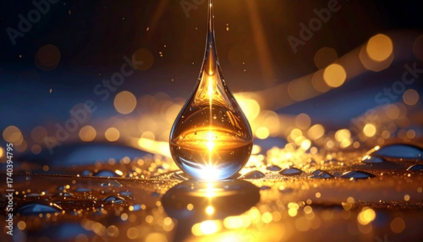 Fototapeta Golden Drop of Liquid: A captivating image of a single drop of liquid, radiating an ethereal glow, rests atop a textured surface, with blurred bokeh lights dancing in the background.