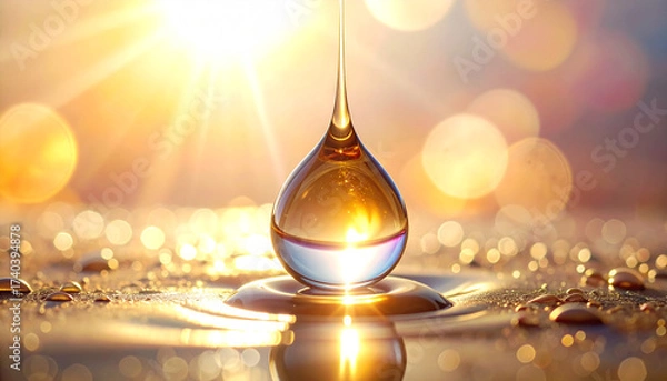 Fototapeta Liquid Gold's Radiance: A captivating close-up unveils a droplet of liquid gold, illuminated by the warm embrace of a brilliant light, signifying purity, value, and the essence of life.