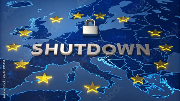 Fototapeta Shutdown lock over europe map budgetshutdowngovernmentfurlougheconomyusa tense political disruption image
