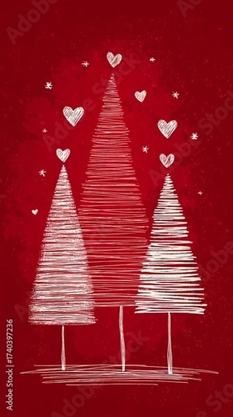 Fototapeta Festive hand drawn christmas tree composition with textured red background and doodle accents