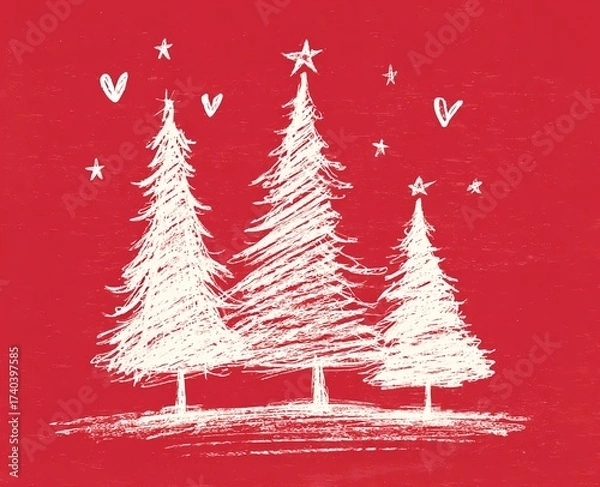 Fototapeta Festive hand drawn christmas tree composition with textured red background and doodle accents
