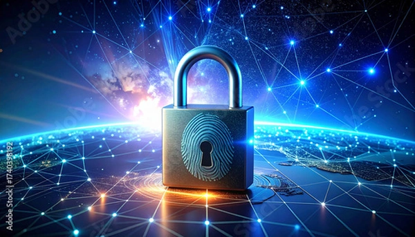 Obraz Padlock and fingerprint with digital network lines – cybersecurity concept