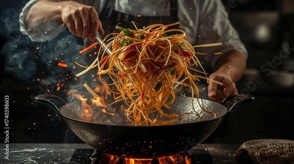 Fototapeta Chef tossing stir fry noodles dramatically in a fiery hot wok