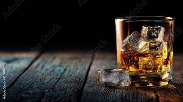 Fototapeta Glass of Whiskey with Ice on Wooden Table Against Dark Background