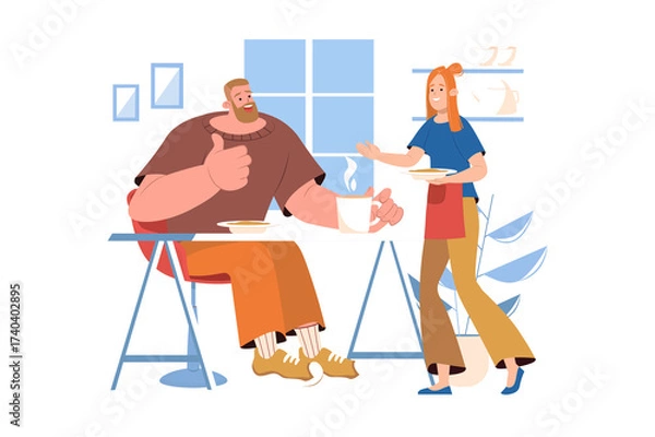 Fototapeta Happy Couple Enjoying Breakfast at Home in Transparent Background Man Giving Thumbs Up Woman Serving Food Morning Meal with Window View Interior Scene