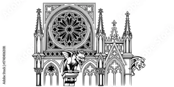 Obraz Intricate Gothic Architectural Elements Vector Set: Gargoyle, Rose Window, Arch, Column, Ornament, and Medieval Castle Details. Vintage Engraving Style Design.

