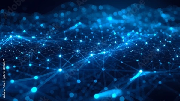 Fototapeta Abstract network of glowing blue lights and interconnected lines representing digital data flow and global connections