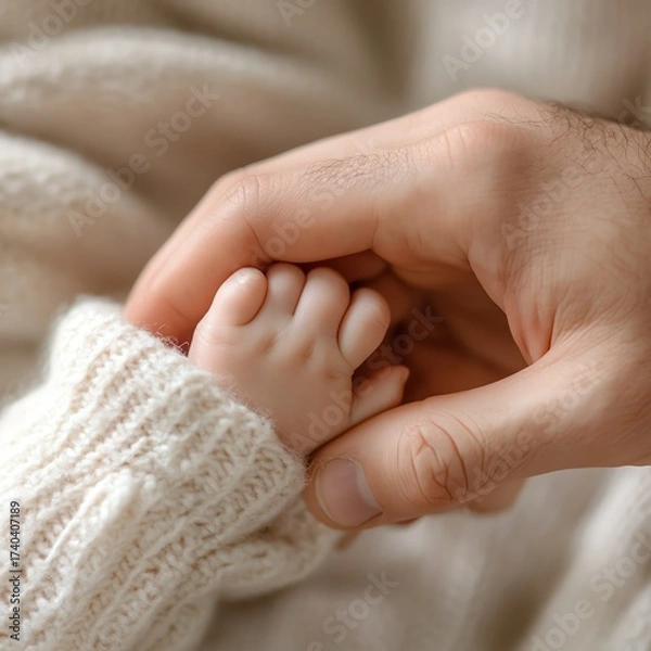 Fototapeta A father holding the hand of a newborn baby  high resolution   for isolate image