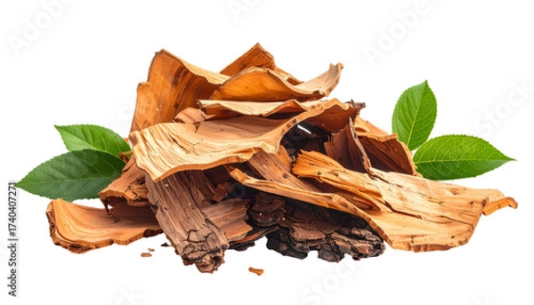 Obraz Pile of dried brown bark with green leaves against black background