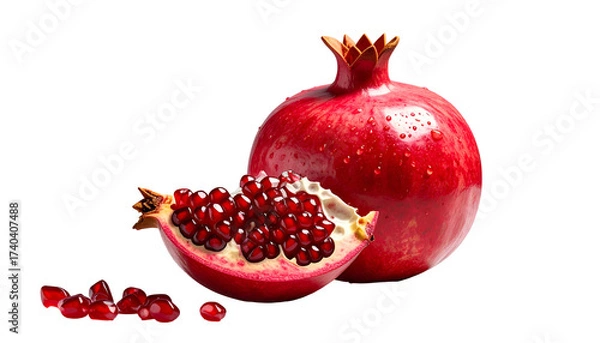 Fototapeta Vibrant red pomegranates, one whole and a juicy slice