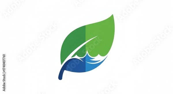 Obraz illustration of a green leaf combined with blue water waves, symbolizing harmony between nature and environment