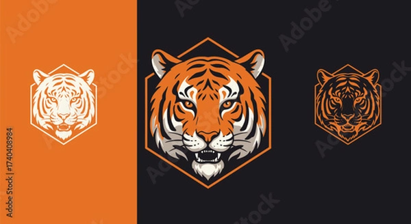 Fototapeta Three tiger head illustrations with a hexagonal frame, showcasing different styles and colors.