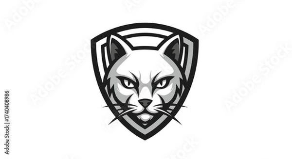 Fototapeta Illustration of a cat head in front of a shield.