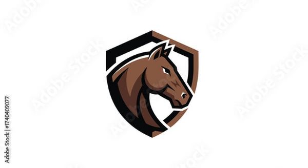 Fototapeta A powerful brown horse head mascot logo set within a modern shield emblem, symbolizing strength and protection.
