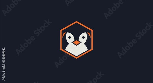 Fototapeta A minimalist hexagonal logo featuring the head of a penguin with orange accents on a dark blue background.