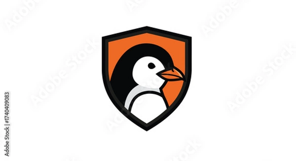 Fototapeta A cartoon penguin's head with an orange beak is depicted inside a black-bordered orange shield on a white background.