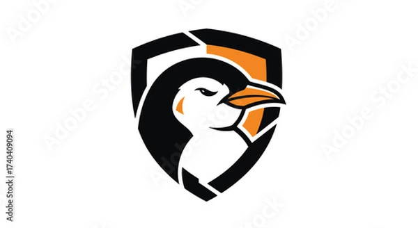 Fototapeta A detailed image of a penguin head inside a shield, with black, white, and orange colors.