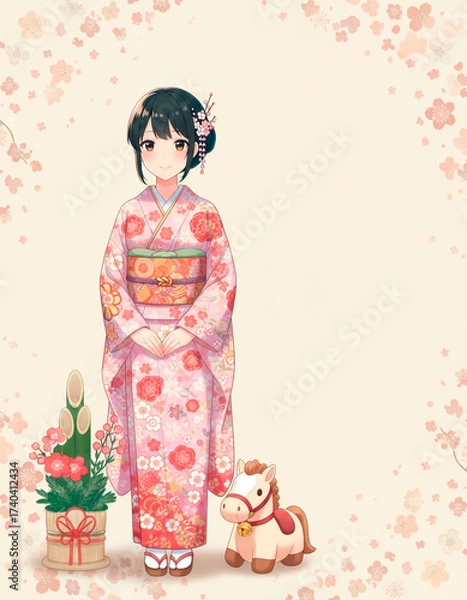 Fototapeta コピースペースを設けたお正月イラスト。和服の女子高生と門松。そして干支の馬のぬいぐるみ。