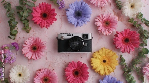 Fototapeta Retro Camera with Assorted Gerbera Daisies on Pink Marble Background