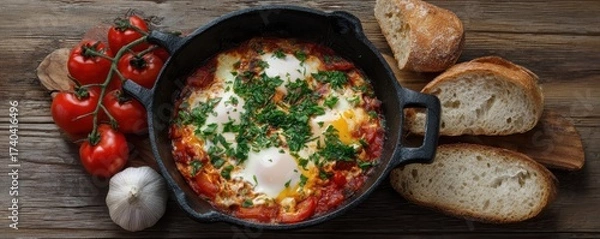 Fototapeta Shakshuka in Cast Iron Skillet with Crusty Bread eggs