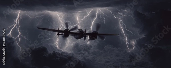 Fototapeta Silhouette of a twin-engine aircraft against a sky filled with lightning