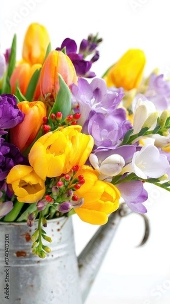 Fototapeta Spring Tulip and Freesia Flower Arrangement in Watering Can