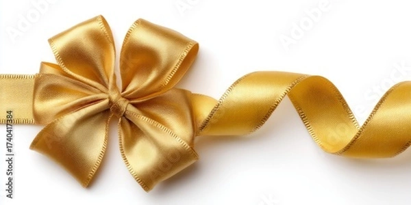 Fototapeta A shiny gold ribbon and bow isolated on white background, perfect for gift wrapping