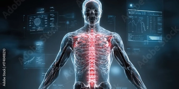 Fototapeta Futuristic digital visualization of human anatomy highlighting skeleton structure, medical research, healthcare technology, science illustration, and educational research tools