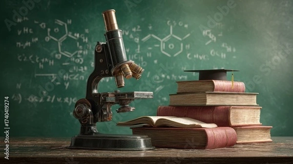 Fototapeta Vintage Microscope and Stack of Books with Graduation Cap on Chalkboard