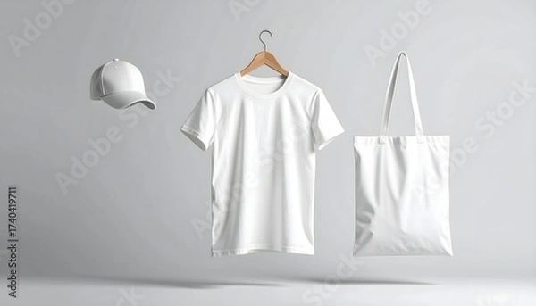 Fototapeta Apparel branding mockup featuring a plain white t-shirt, cap, and tote bag