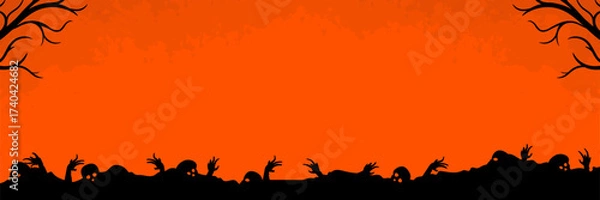 Fototapeta Halloween-themed banner design. With an illustration of a ground covered in skulls and hands trying to get out of the ground.