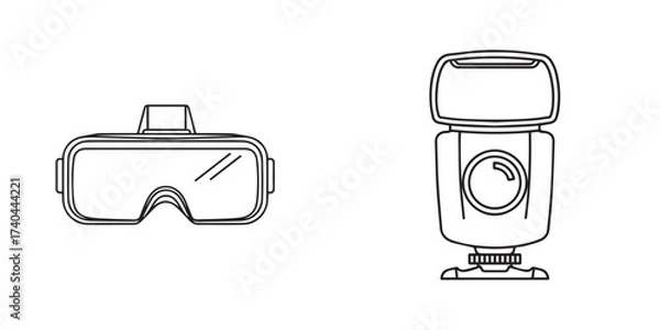 Fototapeta Line Art Illustration of a Virtual Reality Headset and a Photography Flash Unit