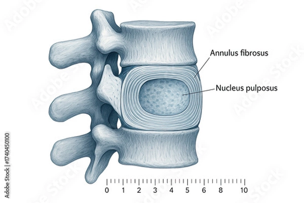 Fototapeta Anatomical illustration of a lumbar vertebra cross-section showing the annulus fibrosus and nucleus pulposus, with a scale bar.