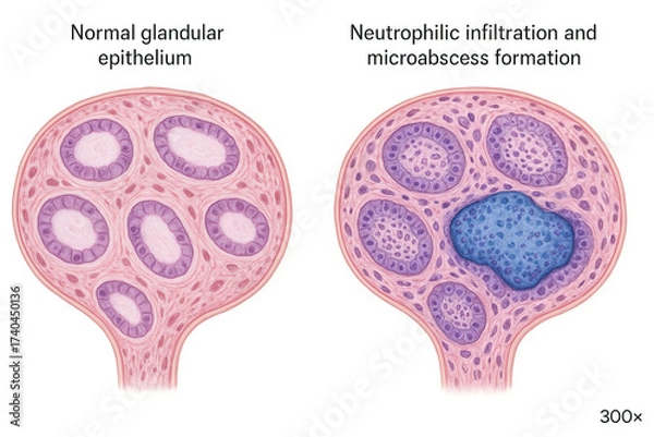 Fototapeta Microscopic comparison of normal glandular epithelium and tissue with neutrophilic infiltration and microabscess formation, illustrating cellular changes in response to infection or inflammation.