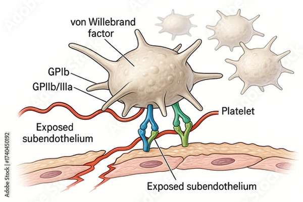 Fototapeta Illustration of platelet adhesion to exposed subendothelium via von Willebrand factor and GPIb, GPIIb/IIIa interactions.