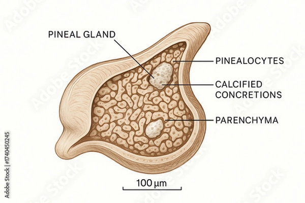 Fototapeta Anatomical illustration of a pineal gland cross-section, detailing pinealocytes, calcified concretions, and parenchyma.