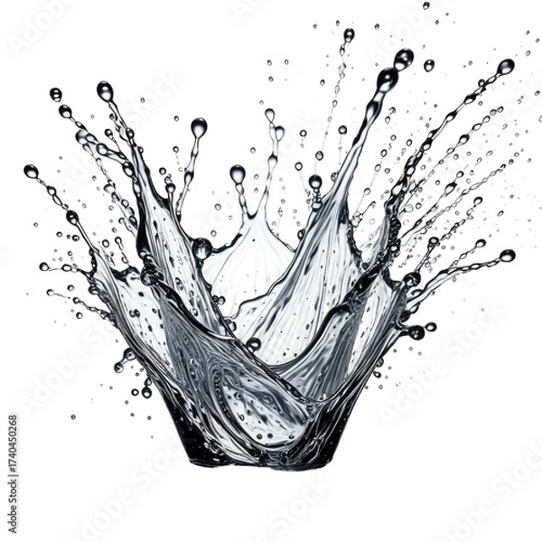 Fototapeta Water splash with droplets forming a crown, isolated against a black background