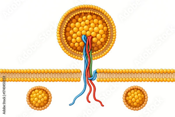 Fototapeta Detailed 3D illustration depicting a liposome interacting with a cell membrane, with multiple liposomes and protein strands shown.