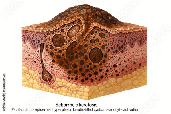 Fototapeta Detailed 3D cross-section of Seborrheic Keratosis, illustrating epidermal hyperplasia and keratin-filled cysts