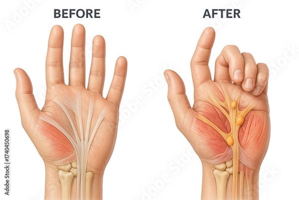Fototapeta Illustrative comparison of a healthy hand's anatomy versus a hand with ganglion cysts affecting the nerves and tendons.