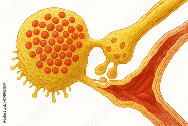 Fototapeta Illustration of a microscopic view of a virus or bacterium interacting with blood cells or internal body tissue, concept of disease and infection, scientific illustration.