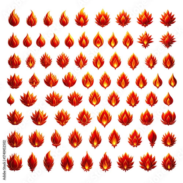 Fototapeta Collection of various fiery flame icons in different sizes and shapes